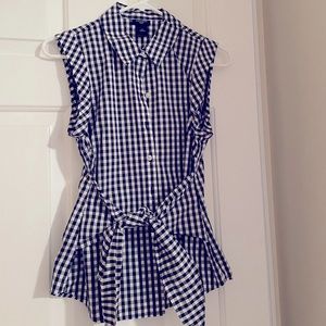 Ann Taylor Petites navy and white checked sleeveless blouse